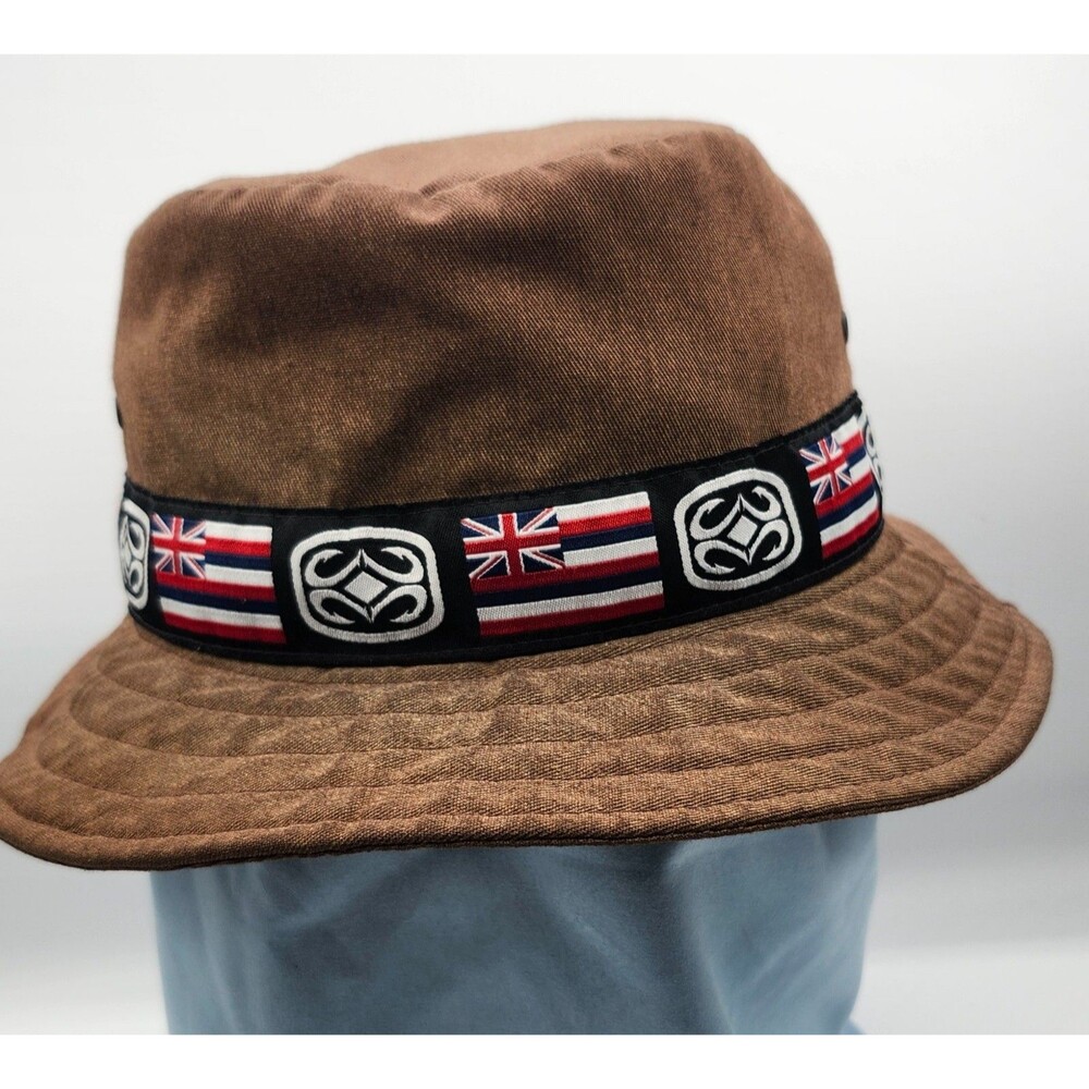 Authentic Maui Built Hawaii State Flag Bucket Hat Brown Tribal Fish Hook Rare